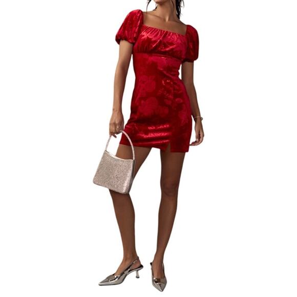 Francesca's Women's Large Red Lois Velvet Jacquard Short Puff Sleeve Mini Dress - Picture 2 of 7